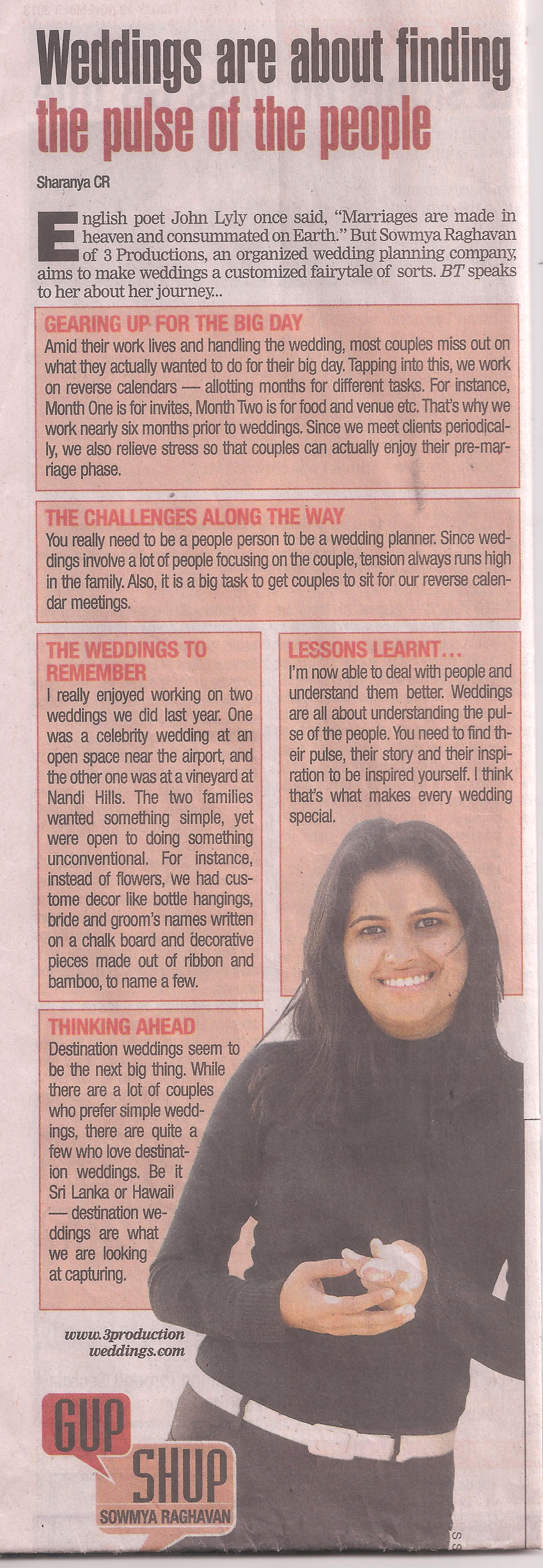 Times of India Interview With Sowmya Raghavan - Wedding planners Bangalore